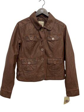 Sonoma Moto Jacket Large Faux Leather Button Front Cognac Brown Retro Biker NEW
